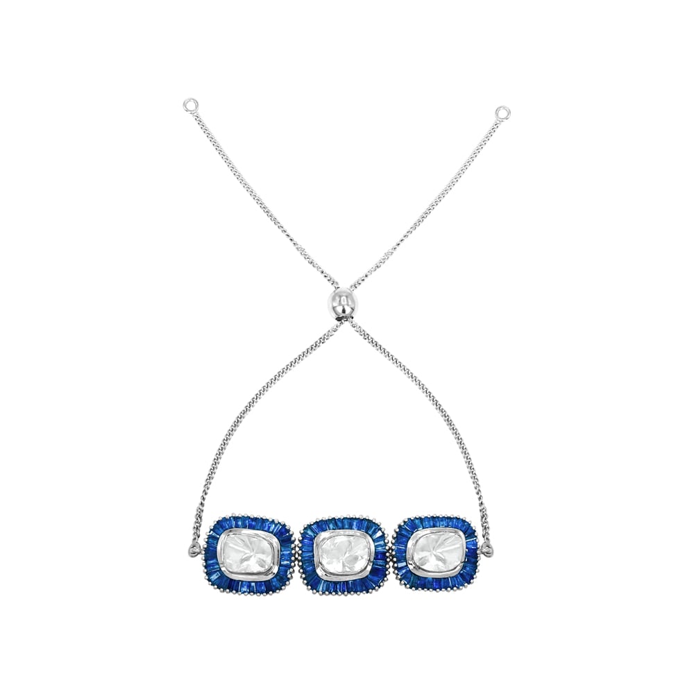 Polki Diamond Bracelet with Blue Sapphire Baguette Stones and Bolo Clasp